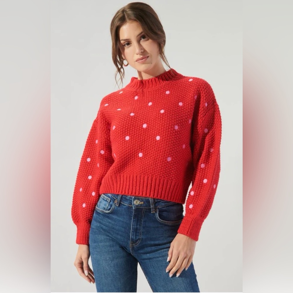 Women's Sugarlips Red Pink Polka Dot Crop Sweater Size Small Medium